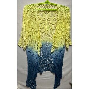 Yellow-to-Blue Ombre Long Openwork Crochet Cardigan Duster size 3x Whimsy Boho
